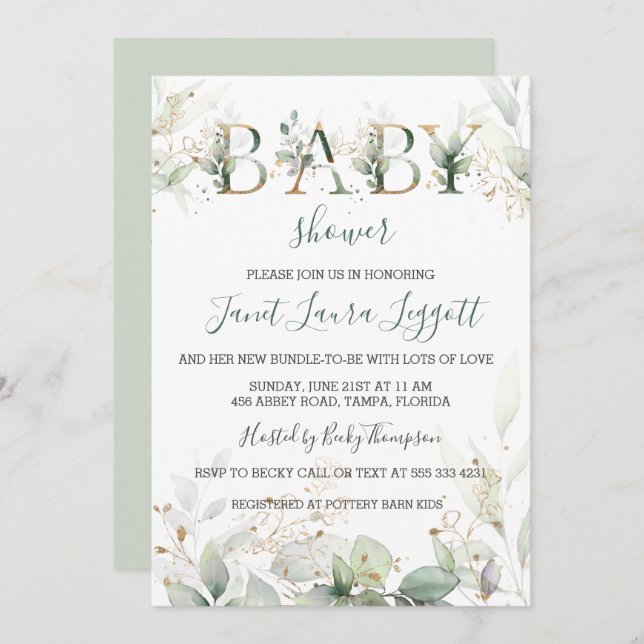 Green and gold foliage Baby Shower Invitation (Front/Back)