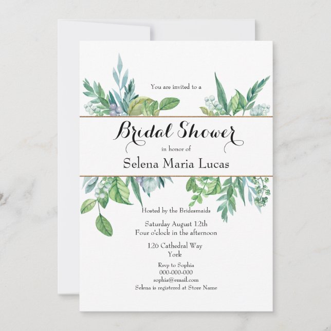 Green and Gold Foliage Bridal Shower Invitation (Front)