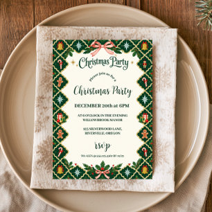 Green and Gold Folk Christmas Party Invitation