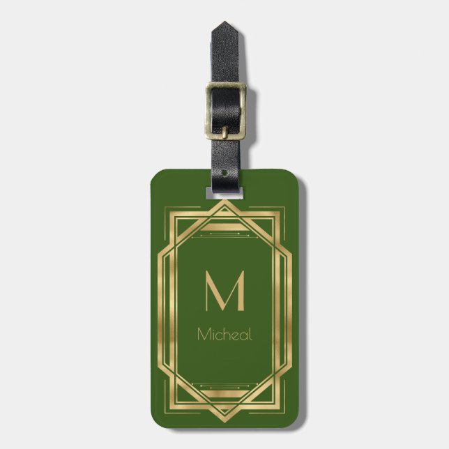 Green and Gold Geometric | Monogram & Name Luggage Tag (Front Vertical)