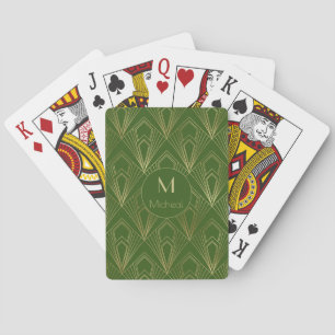 Green and Gold Geometric  Pattern   Monogram  Playing Cards
