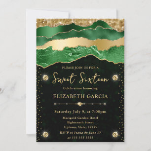 Green and Gold Glam Tears Bokeh Sweet Sixteen Invitation