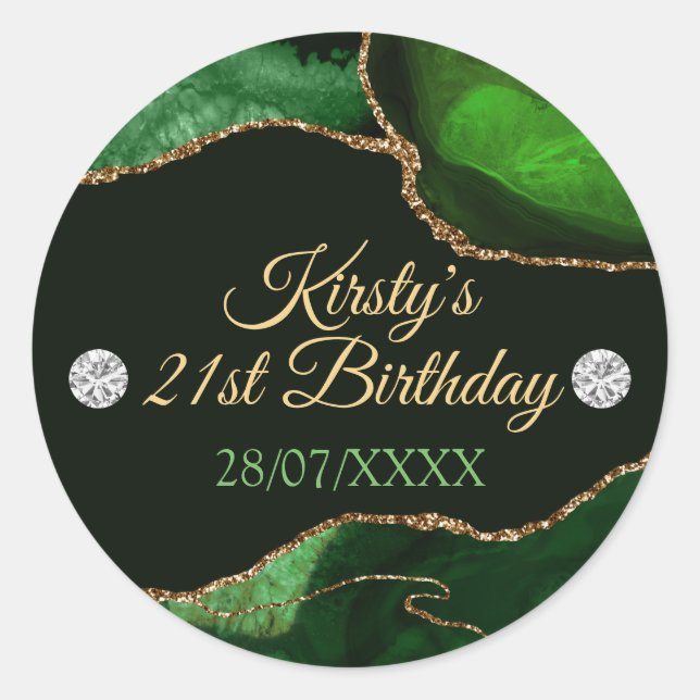 Green and Gold Glitter Agate Birthday Classic Round Sticker (Front)