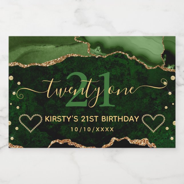 Green and Gold Glitter Agate Marble 21st Birthday Sparkling Wine Label (Single Label)