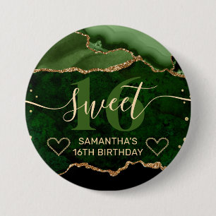 Green and Gold Glitter Agate Marble Sweet 16 3 Inch Round Button