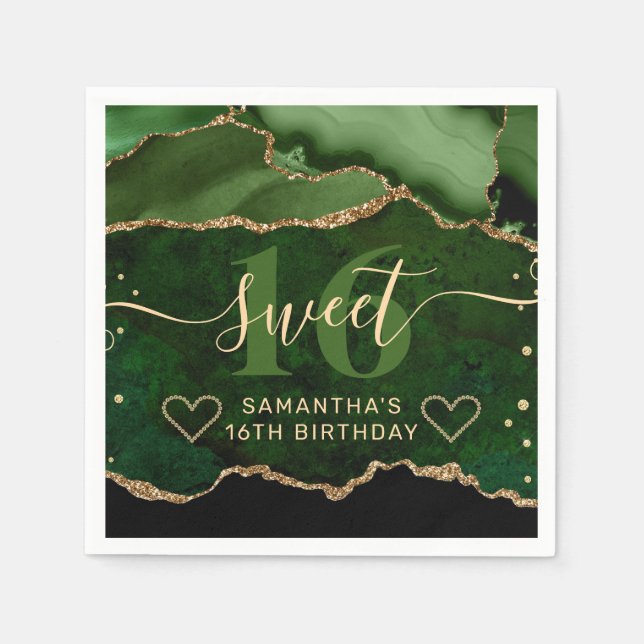 Green and Gold Glitter Agate Marble Sweet 16  Napkin (Front)