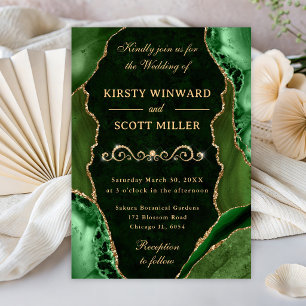 Green and Gold Glitter Agate & Marble Wedding Invitation