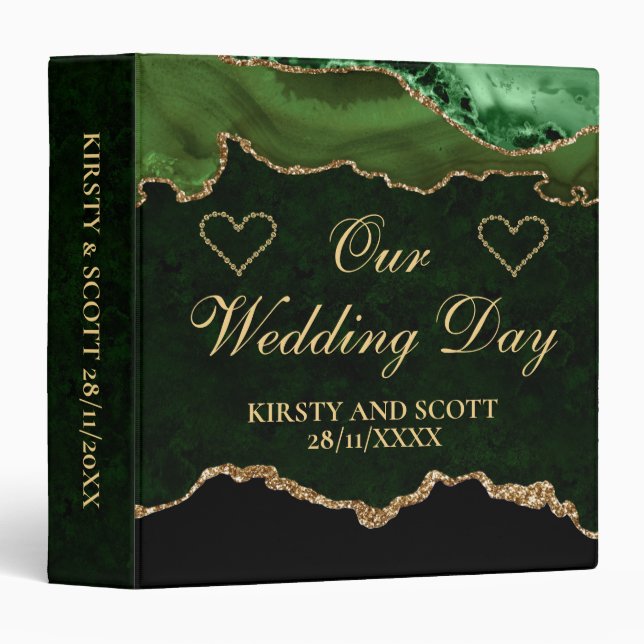 Green and Gold Glitter Agate Wedding Photo Album Binder (Front/Spine)