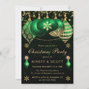 Green and Gold Glitter Baubles Christmas Party Invitation