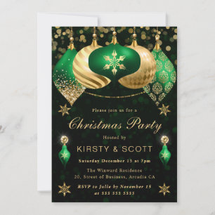 Green and Gold Glitter Baubles Christmas Party Invitation