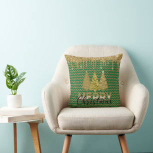 Green and gold glitter christmas tree throw pillow