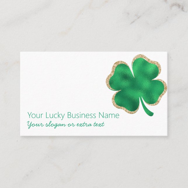 Green and Gold Glitter Lucky Four Leaf Clover Business Card (Front)