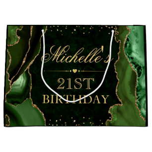 Green and Gold Glitter Marble Agate Birthday Large Gift Bag