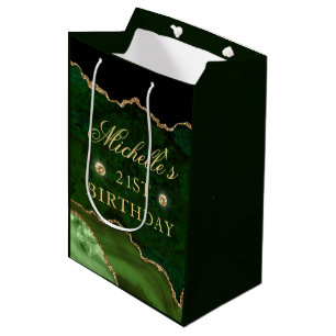 Green and Gold Glitter Marble Agate Birthday Medium Gift Bag