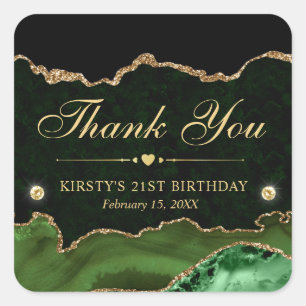 Green and Gold Glitter Marble Agate Birthday Party Square Sticker
