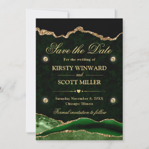 Green and Gold Glitter Marble Agate Save the Date