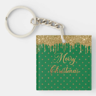 Green and gold glitter - merry christmas keychain