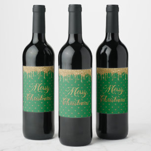 Green and gold glitter - merry christmas wine label