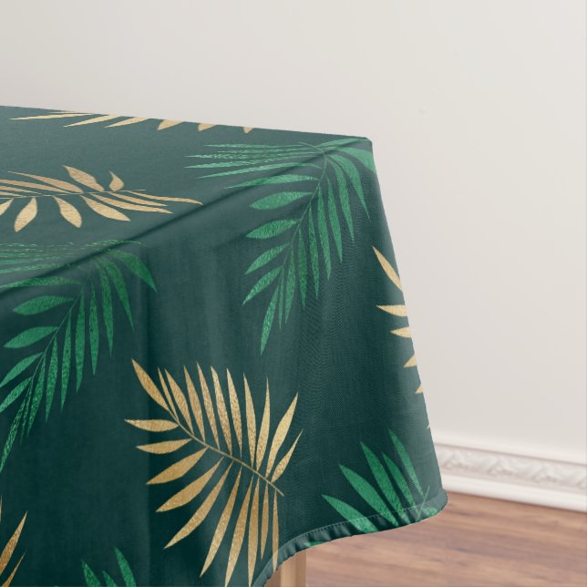 Green and Gold Glitter on Tropical Leaves Tablecloth (In Situ)