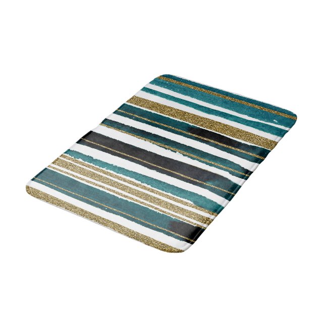 Green and gold glitter stripes  bath mat (Angled)