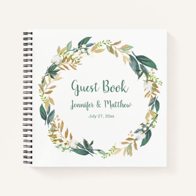 Green and Gold Greenery Wreath Guest Book (Front)