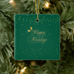 Green and Gold Happy Holidays Entertaining Ceramic Ornament