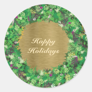 Green and Gold Holiday Wreath Classic Round Sticker