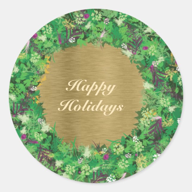 Green and Gold Holiday Wreath Classic Round Sticker (Front)