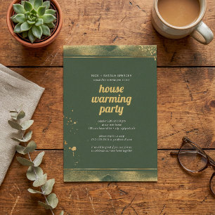 Green and gold leaf House warming party invitation