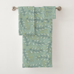 Green and gold leaves bath towel set
