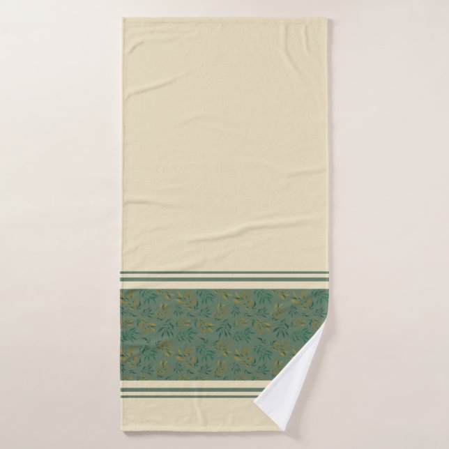 Green and Gold Leaves Botanical Pattern Towel (Bath Towel)
