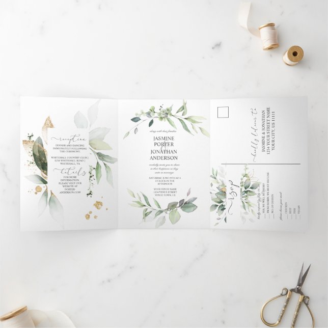 Green and Gold Leaves Botanicals Wedding  Tri-Fold Invitation (Inside)
