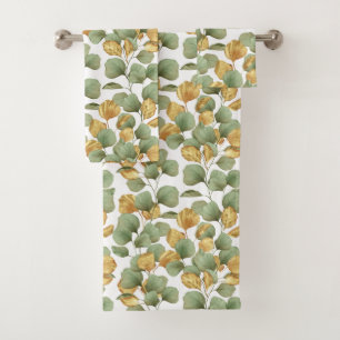 Green and gold leaves.  Pattern Bath Towel Set
