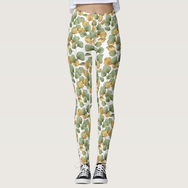 Green and gold leaves.  Pattern Leggings (Front)