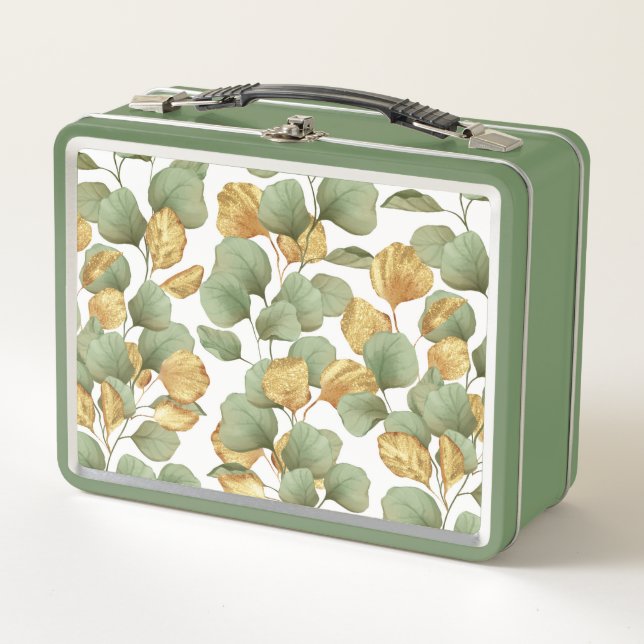Green and gold leaves.  Pattern Metal Lunch Box (Front)