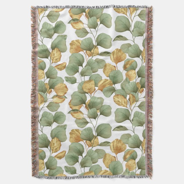 Green and Gold Leaves Pattern  Throw Blanket (Front Vertical)