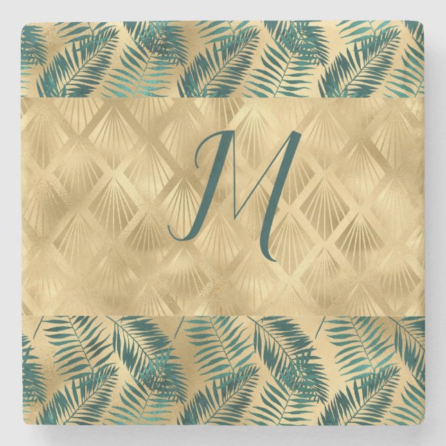 Green and Gold Leaves  Stone Coaster (Front)