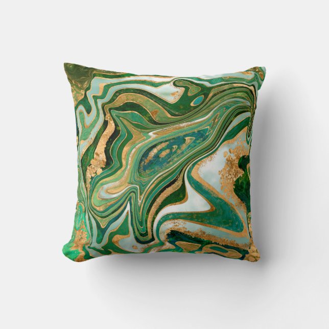 Green and gold liquid marble abstract throw pillow (Front)