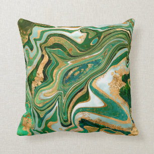Green and gold liquid marble abstract throw pillow