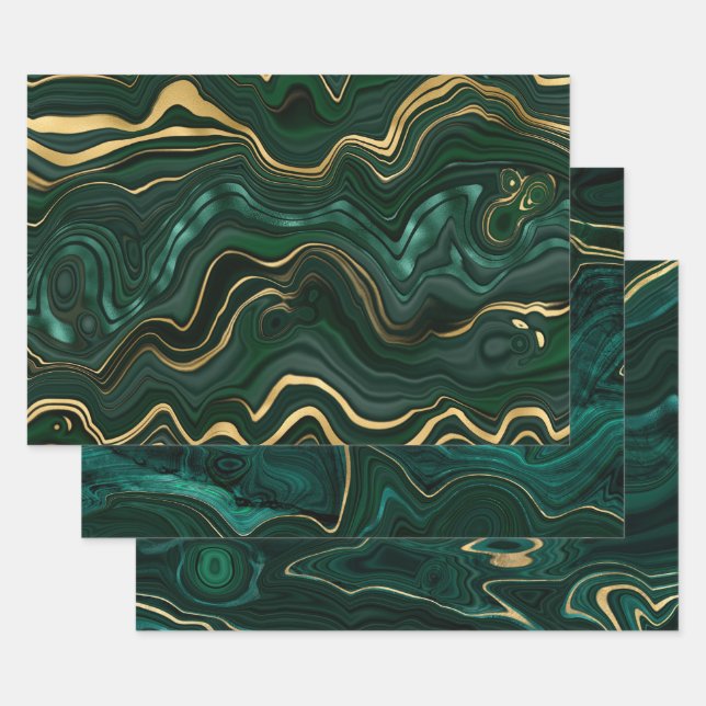 Green and Gold Malachite Gemstone Wrapping Paper Sheet (Set)