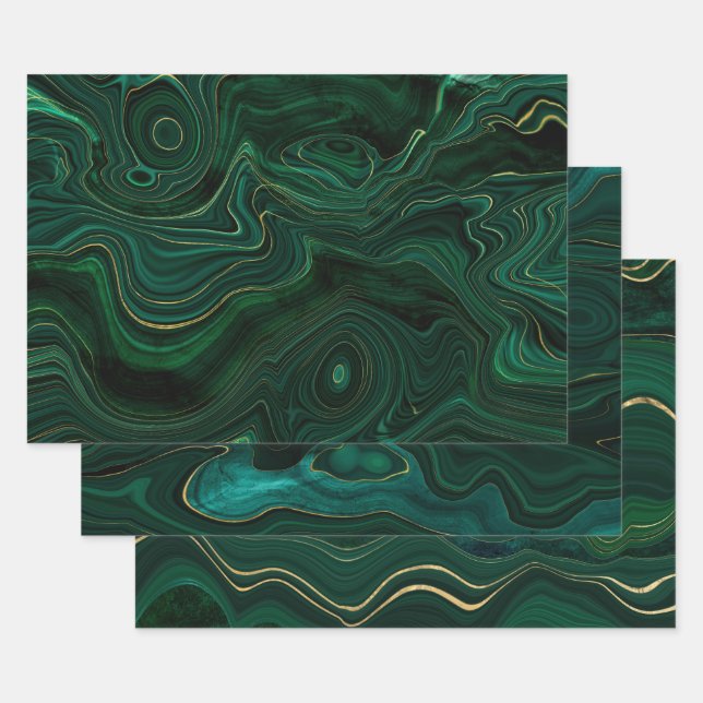 Green and Gold Malachite Gemstone Wrapping Paper Sheet (Set)