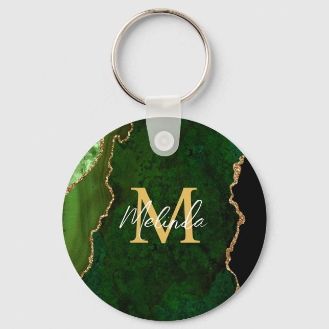 Green and Gold Marble Agate Keychain (Front)