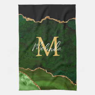 Green and Gold Marble Agate Kitchen Towel