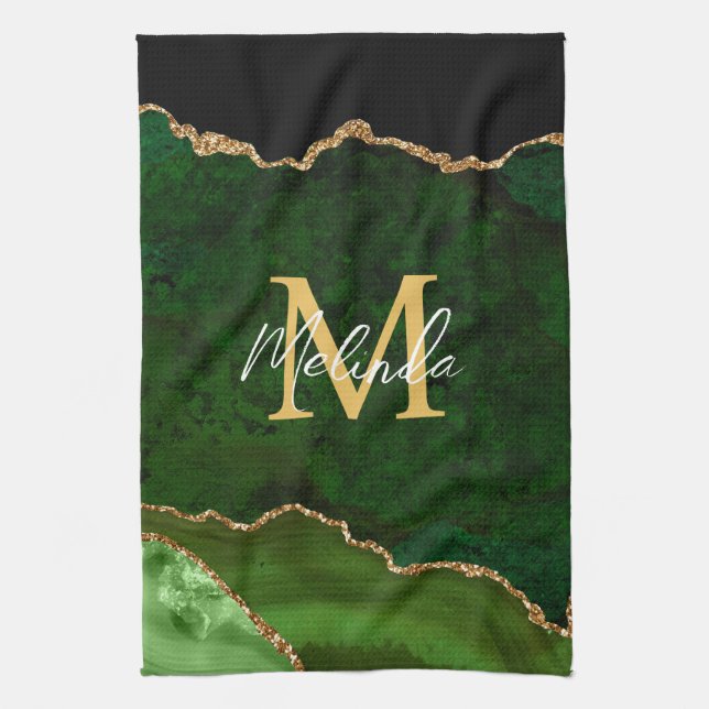 Green and Gold Marble Agate Kitchen Towel (Vertical)