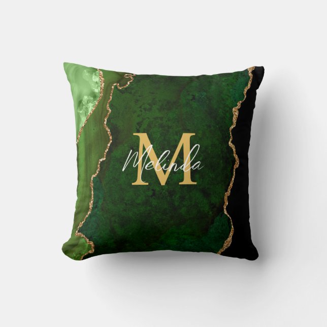 Green and Gold Marble Agate Throw Pillow (Front)