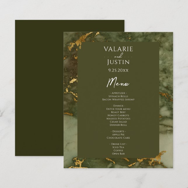 Green and Gold Marble Budget Wedding Menu (Front/Back)