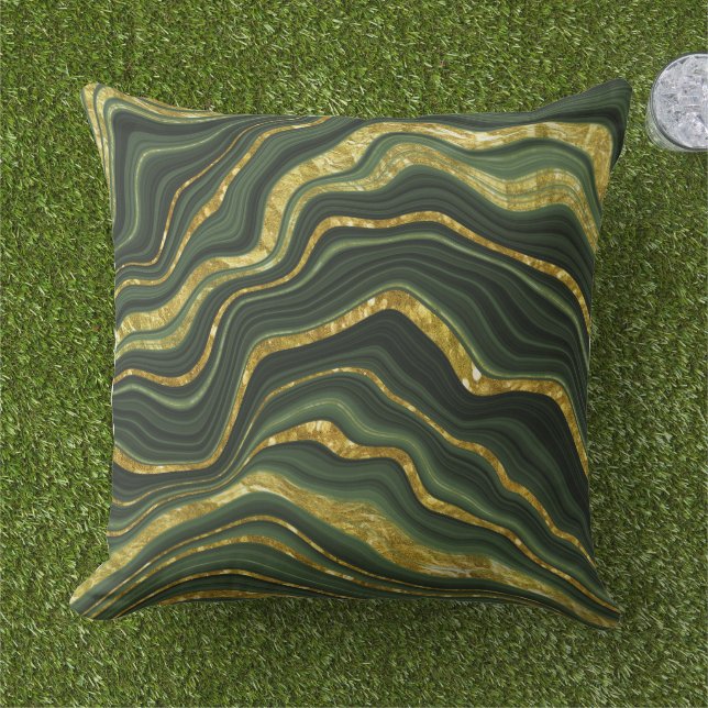 Green and Gold Marble Look Pattern Outdoor Pillow (Grass)