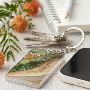 Green And Gold Marble Pattern Keychain