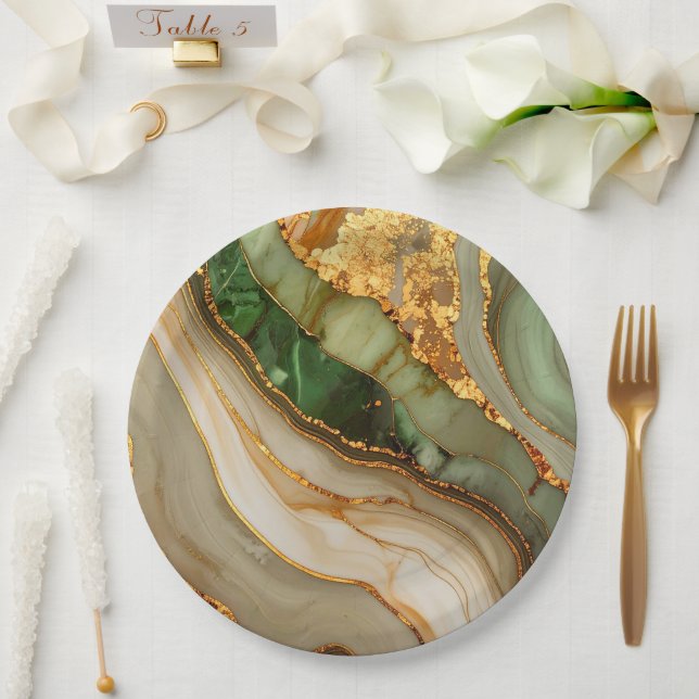 Green And Gold Marble Pattern Paper Plate (Wedding)