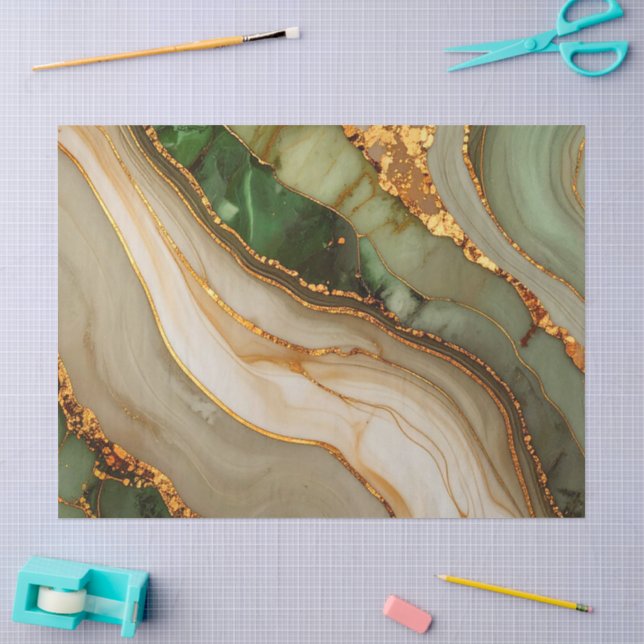 Green And Gold Marble Pattern Tissue Paper (Craft)